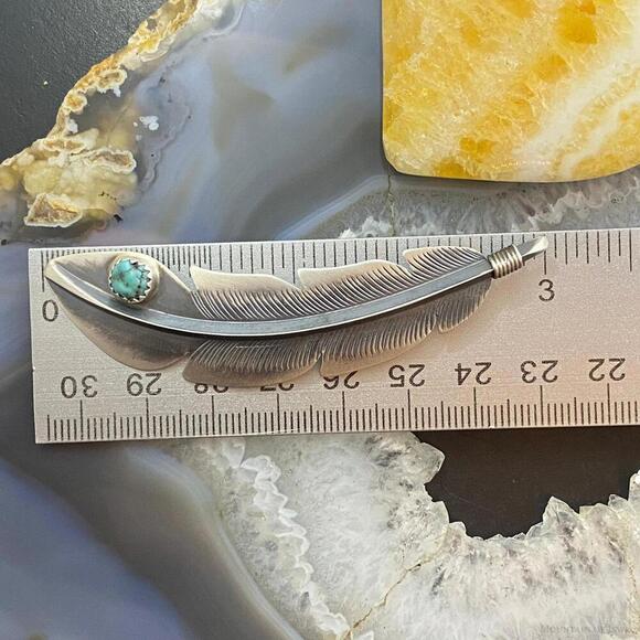Billy Long Native American Sterling Oxidized Feather w/Turquoise Unisex Pendant - Picture 10 of 10